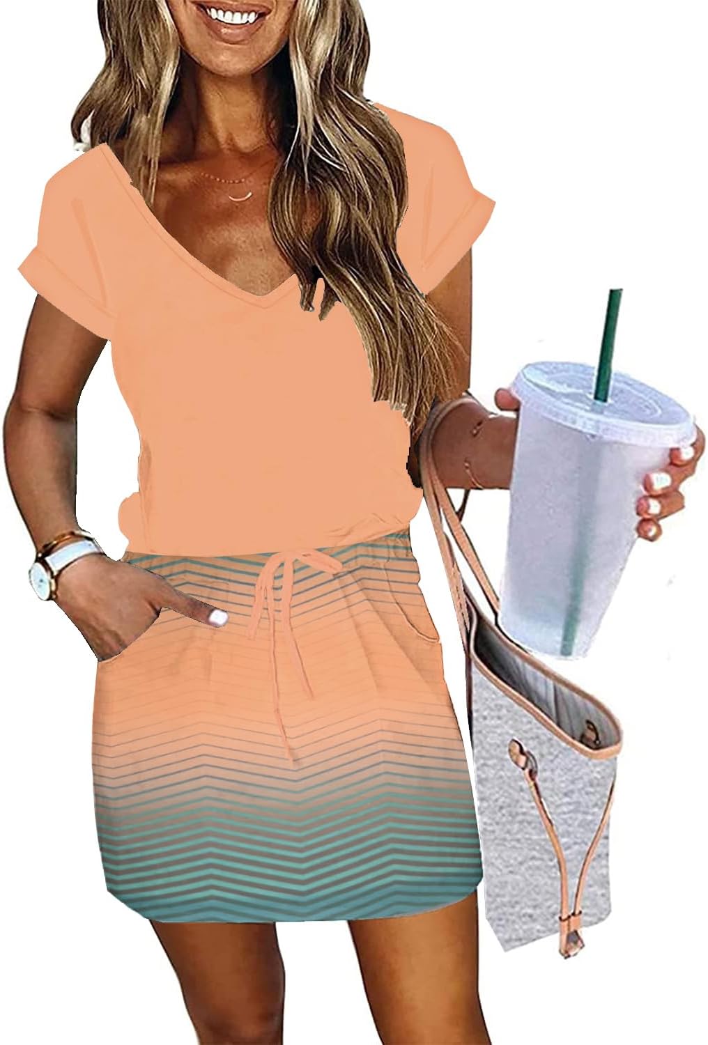 Womens Summer Dress with Lantern Sleeves and Tie Front Design
