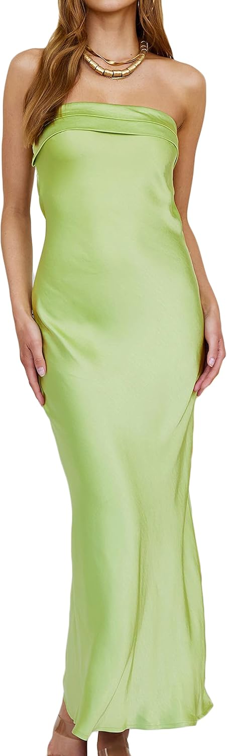 Realtix Satin Silk Backless Tube Tops Maxi Dress for Women