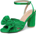 Fashionable women's satin block heel sandals featuring bow accent