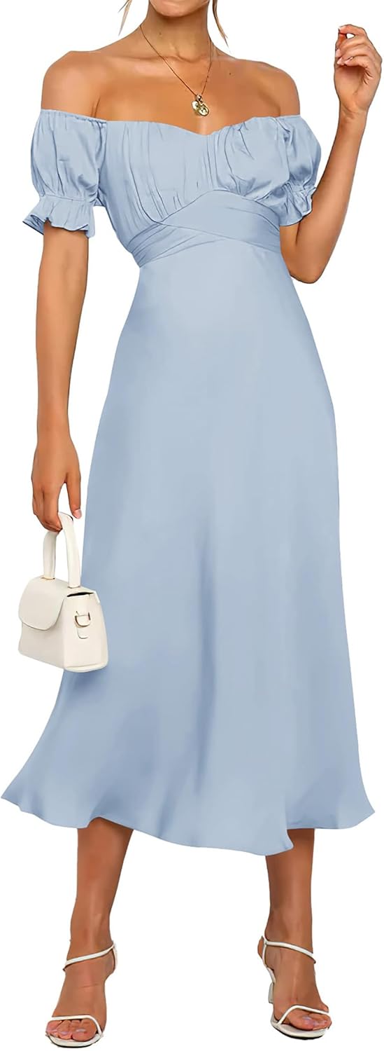KIRUNDO Women's Satin Off Shoulder Midi Dress for Weddings