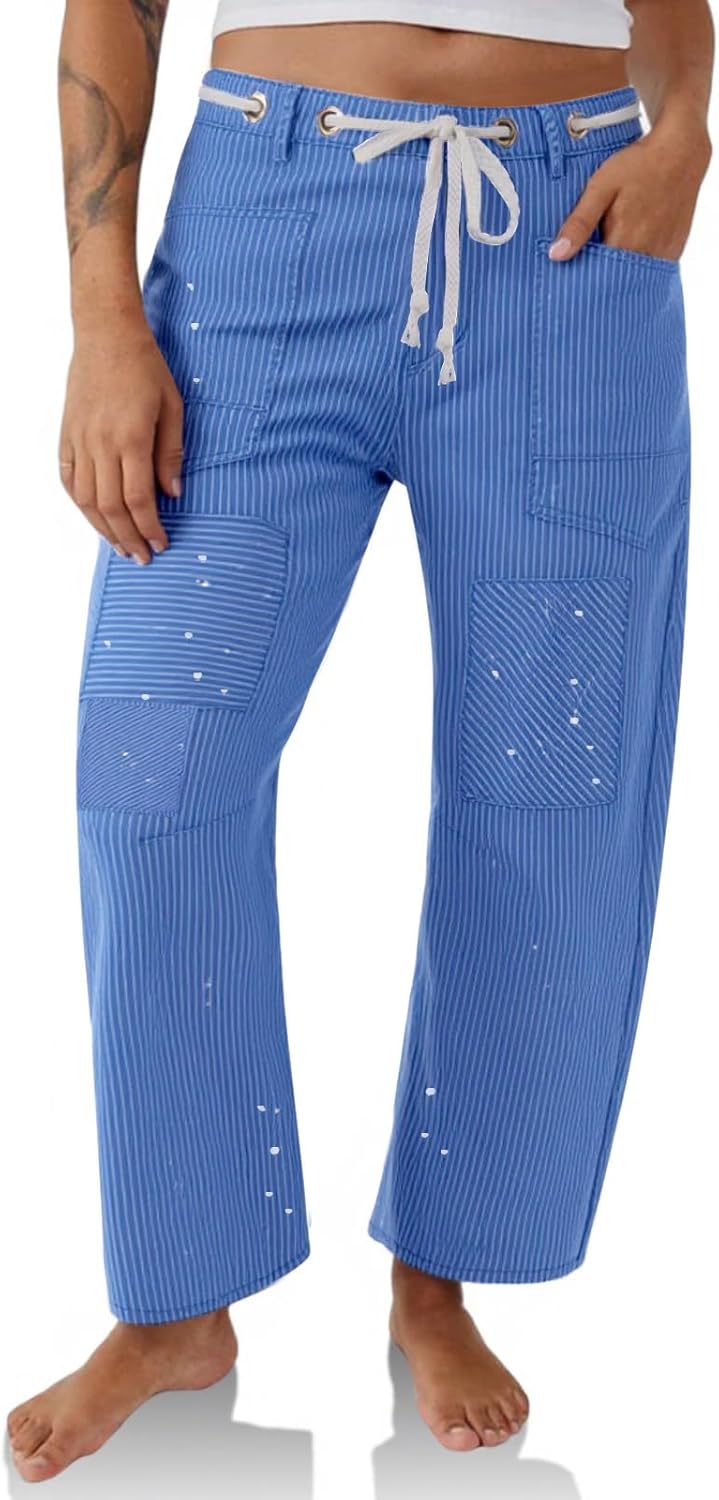 Baggy Barrel Horseshoe Jeans with Patchwork Design for Women
