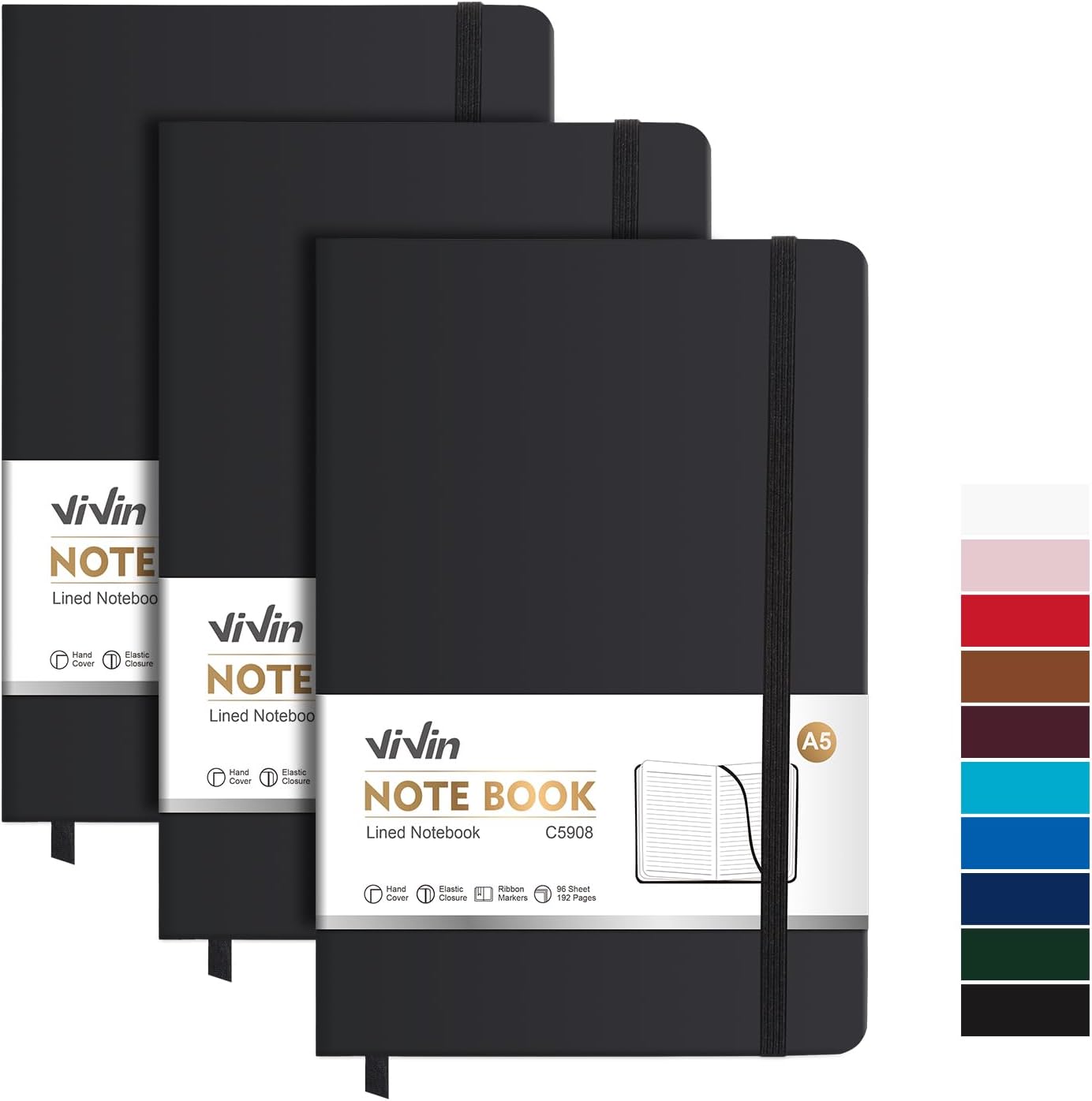 ViVin A5 Journal Notebooks, 3 Pack, 192 Pages, Black - Perfect for Writing!