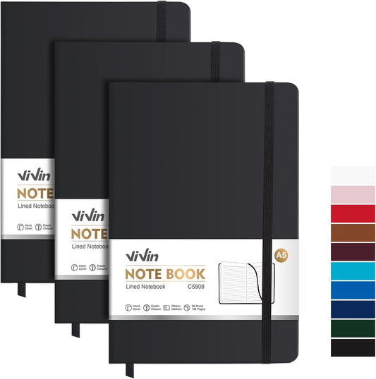 ViVin A5 Journal Notebooks, 3 Pack, 192 Pages, Black - Perfect for Writing!