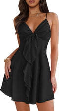 Women Sleeveless V Neck Spaghetti Strap Mini Summer Dress - Sexy Flowy