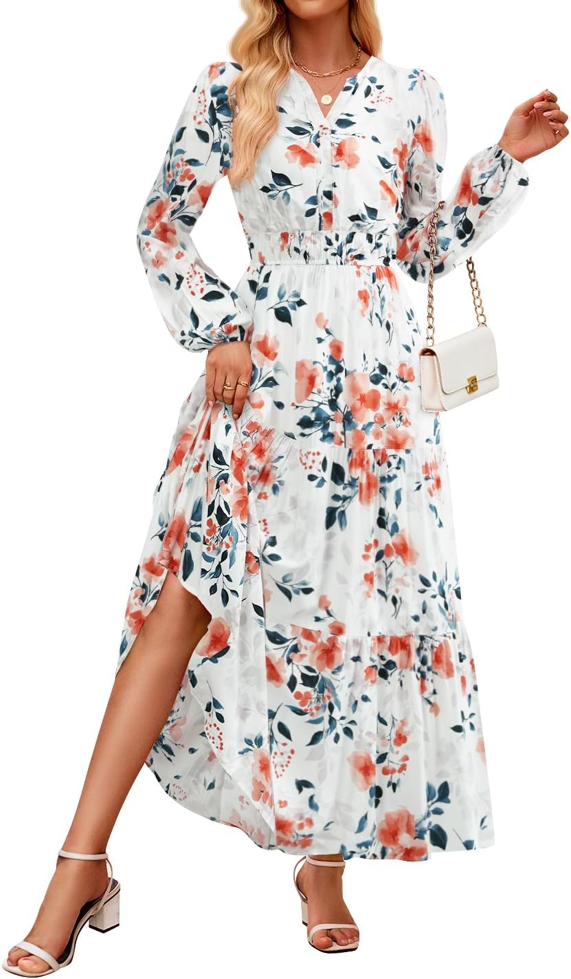 ZESICA Women's Fall Long Sleeve Maxi Dress Floral Print Style