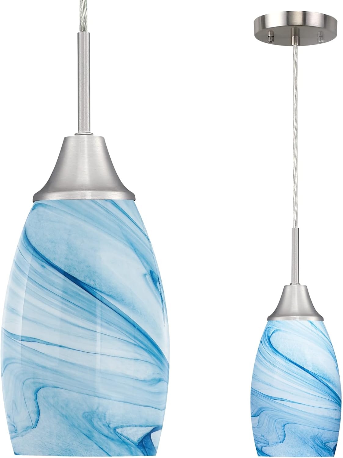 Mini Glass Pendant Light with Handblown Blue Marble Art Design