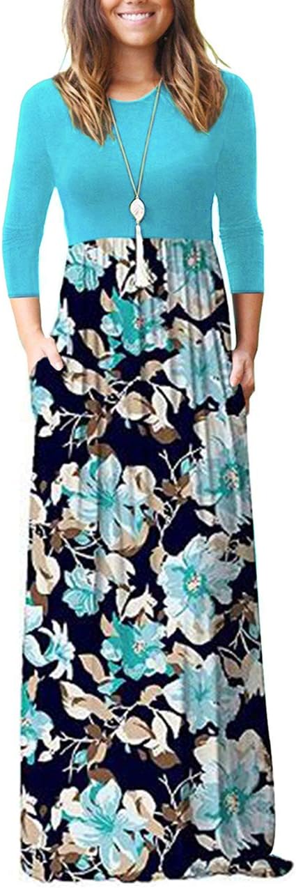 WNEEDU Women's 3/4 Sleeve Casual Maxi Dresses with Pockets