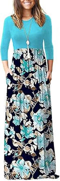 WNEEDU Women's 3/4 Sleeve Loose Casual Long Maxi Dress with Pockets