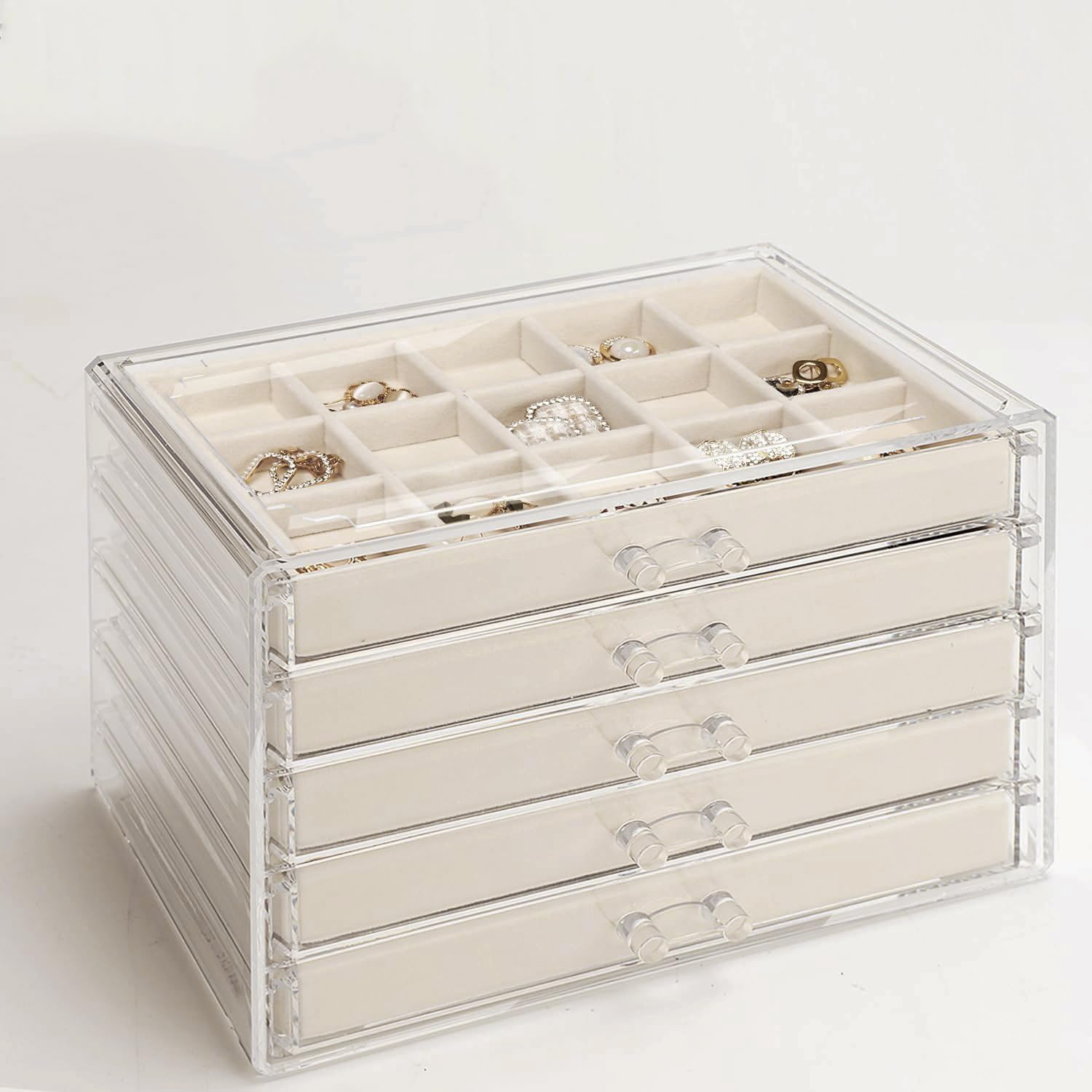 5 Drawers Clear Jewelry Box for Women and Girls, Elegant Storage