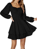 LYANER Lantern Long Sleeve Wrap Tie Back Square Neck Mini Dress baggy