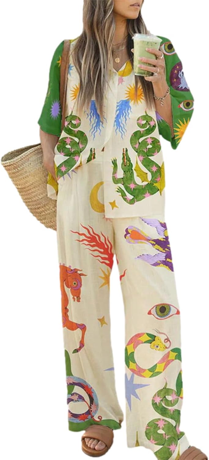 Peaceglad Women's Summer Print Two Piece Pajama Set for Comfort