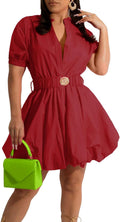 Womens Puff Sleeve Mini Dress with Belt - Button Down V Neck
