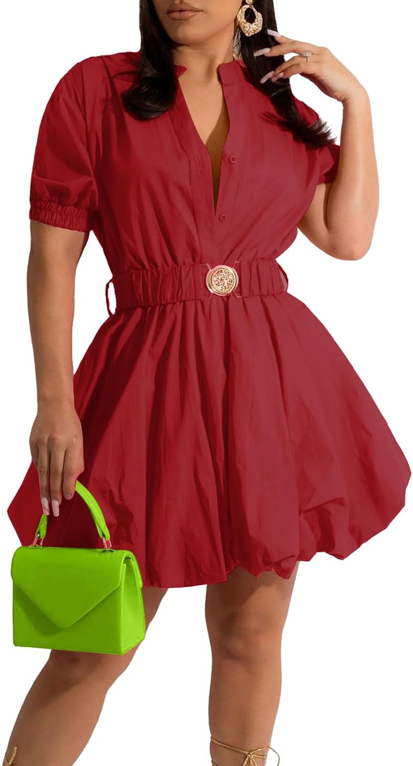 ENOPINK Womens Mini Dress Puff Sleeve High Waist Party Wear