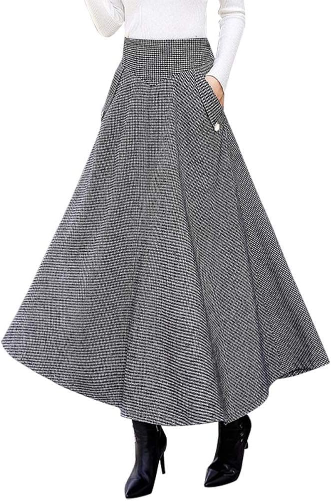 IDEALSANXUN Womens High Waisted Wool Plaid A-line Long Skirt