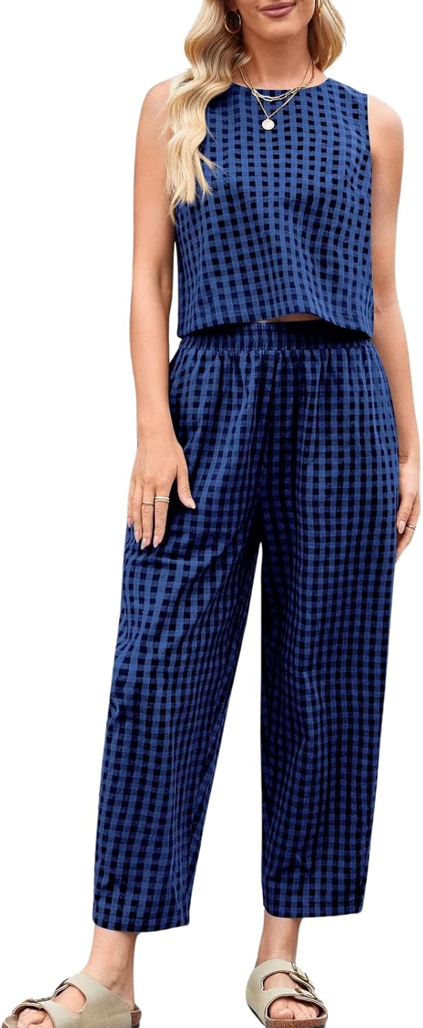 Womens Cotton Checker Set 2 Piece Beach Vacation Outfit
