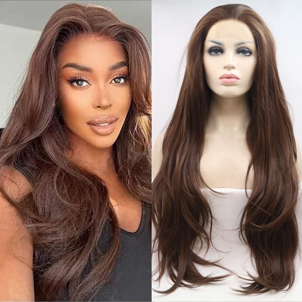 Xiweiya 24in Brown Wavy Lace Front Wig for Daily Wear