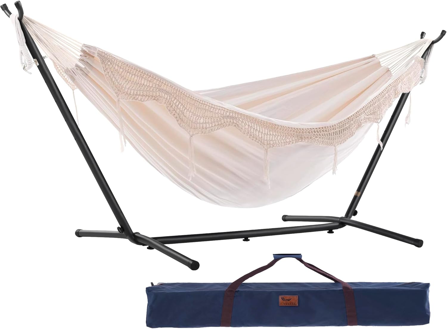 Vivere Double Cotton Hammock with Space Saving Steel Stand