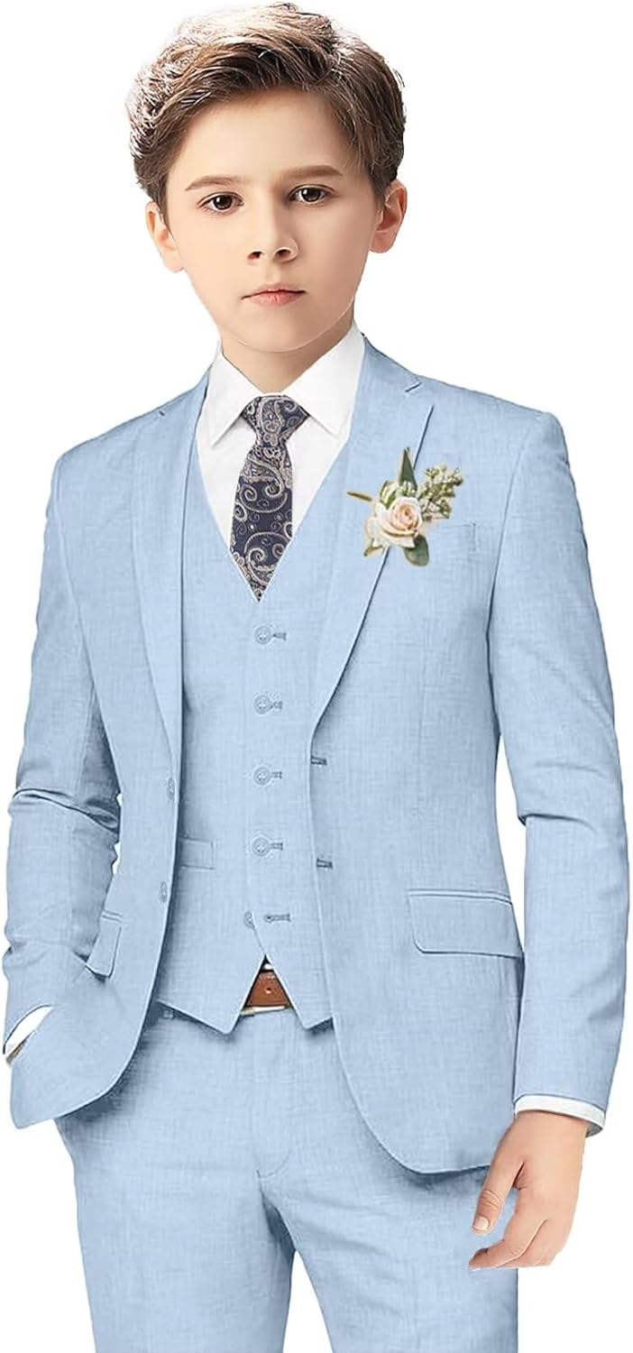Boys Linen Suits for Kids Summer Slim Fit 3 Piece Outfit