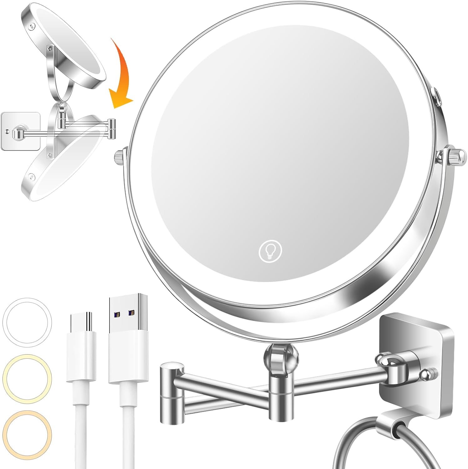 10x Large Wall Mounted Makeup Mirror with Adjustable Lights
