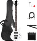 Full Size Flame Design Electric Bass Guitar Set (White) - 20W Amp