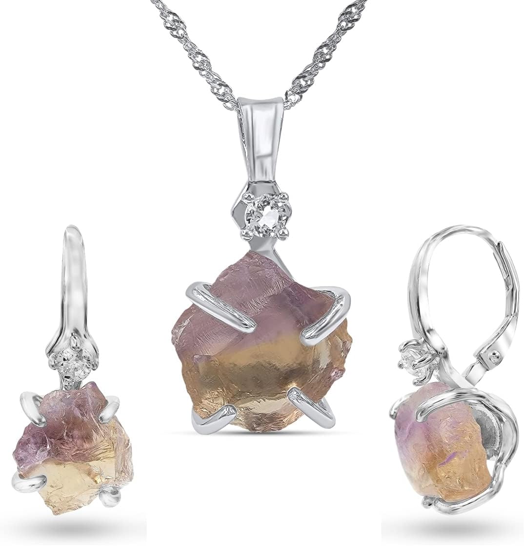 Real Raw Crystal Drop Earrings and Necklace Set for Her Gift