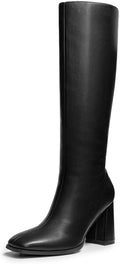 Knee High Boots for Women Square Toe Chunky 3.35in Heel - Side Zip