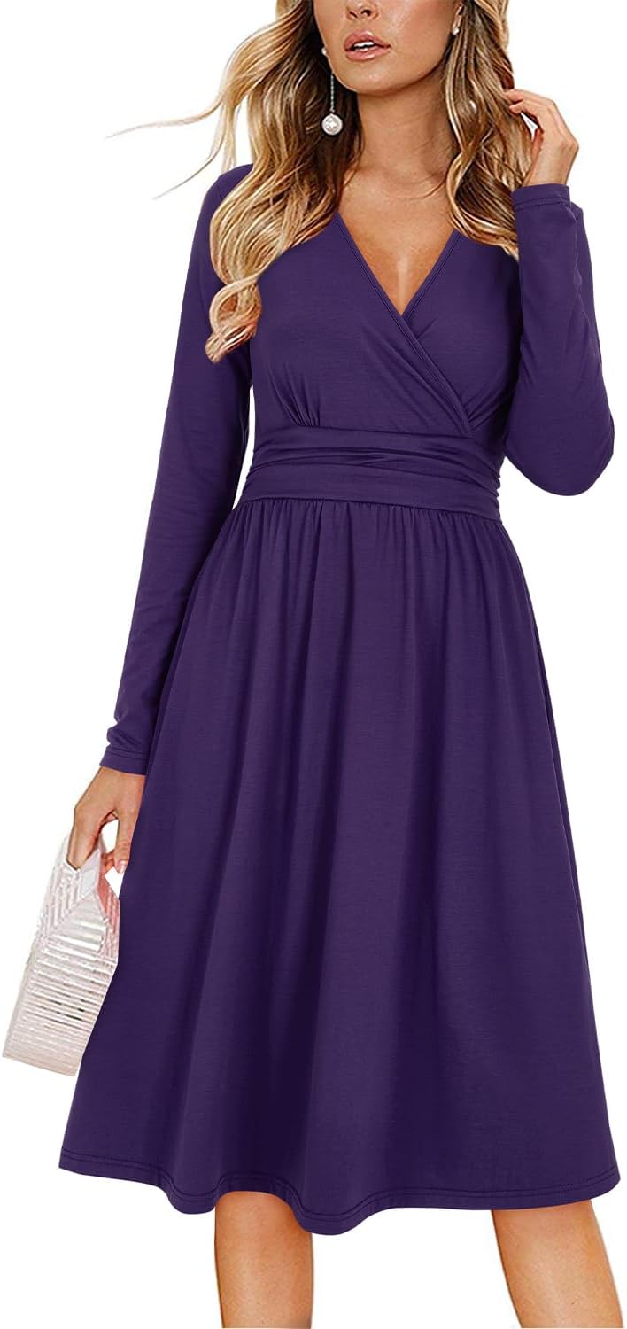OUGES Women's Fall Long Sleeve Dress with Pockets for Weddings