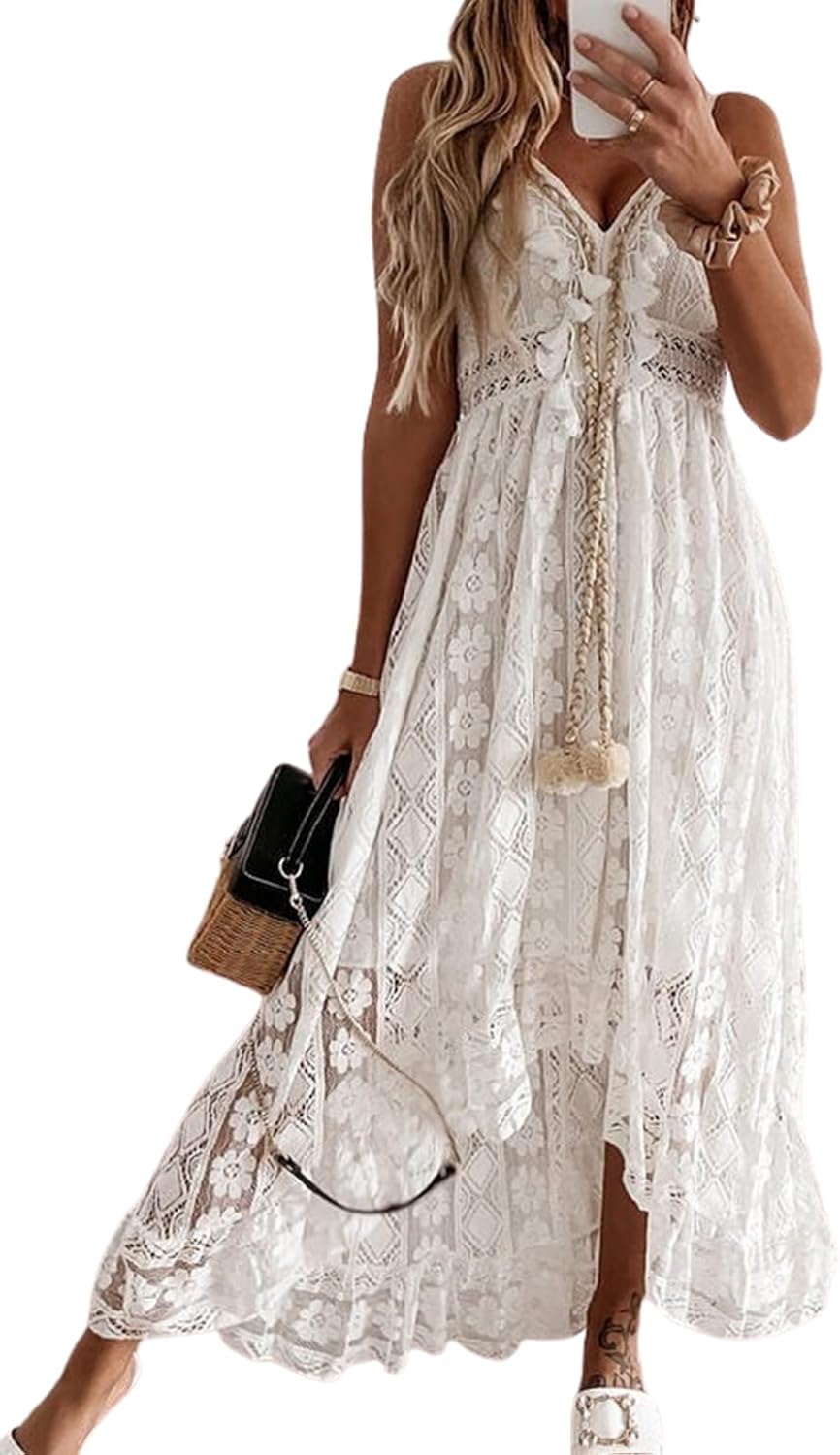 CUPSHE Women's Summer Dresses Sleeveless Lace Casual Beach Maxi