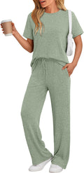 LILLUSORY 2 Piece Lounge Set for Women - Soft Ribbed Wide Leg Pants is