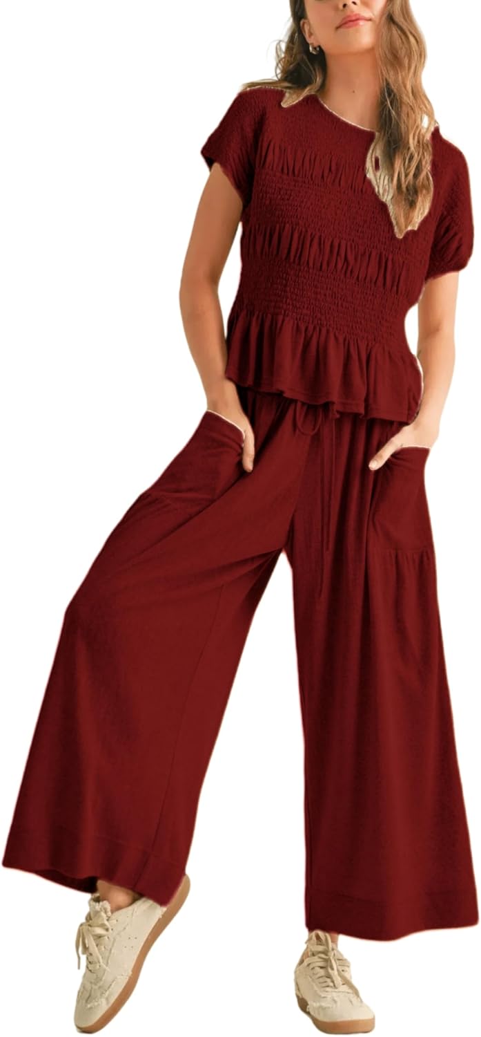 Womens 2 Piece Smocked Top Wide-Leg Pants Set for Casual Style