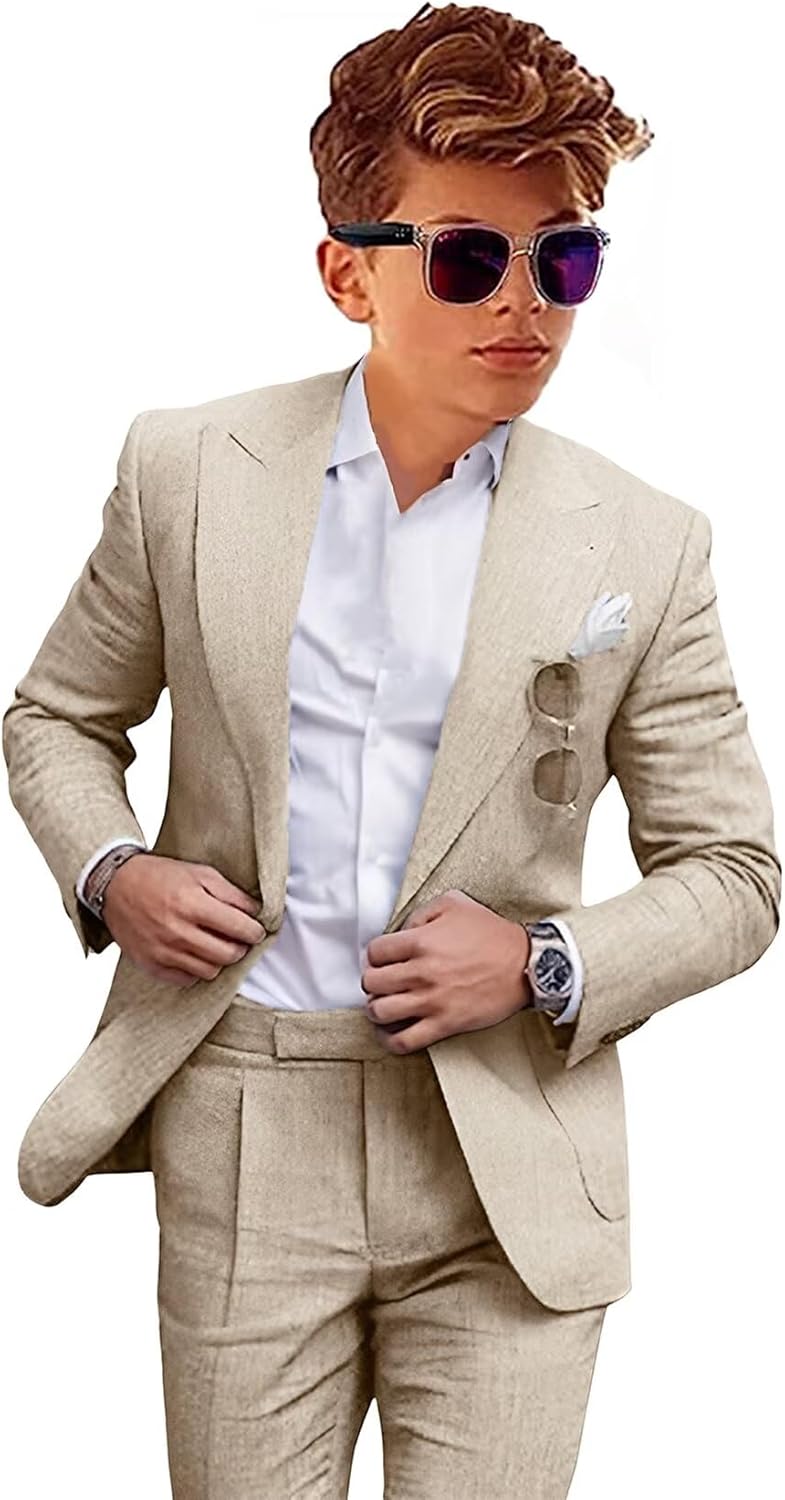 Boys Linen Suits Casual 2 Piece Summer Beach Wedding Tuxedo
