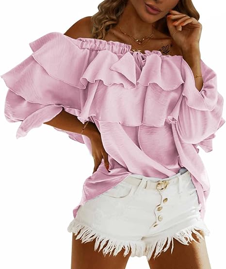 Byinns Women's Off Shoulder Ruffle Long Sleeve Blouses Casual Tops