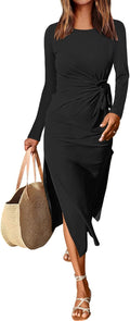 Womens Long Sleeve Maxi Dress Slim Fit Crewneck - Tie Waist