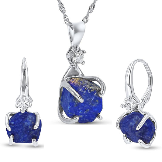 Real Raw Lapis Lazuli Drop Earrings and Necklace Set Gift
