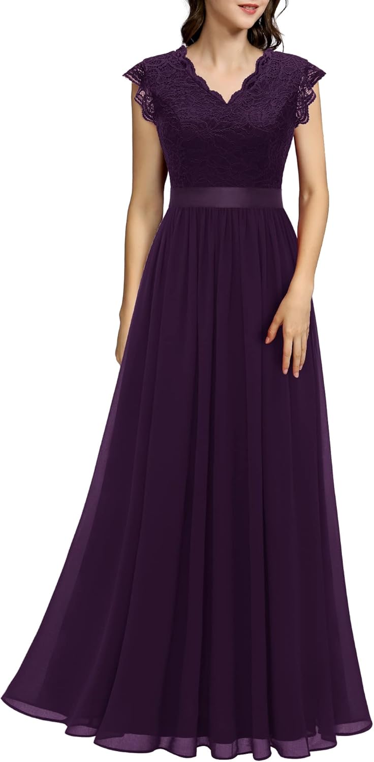 Elegant V Neck Sleeveless Lace Bridesmaid Dress for Weddings