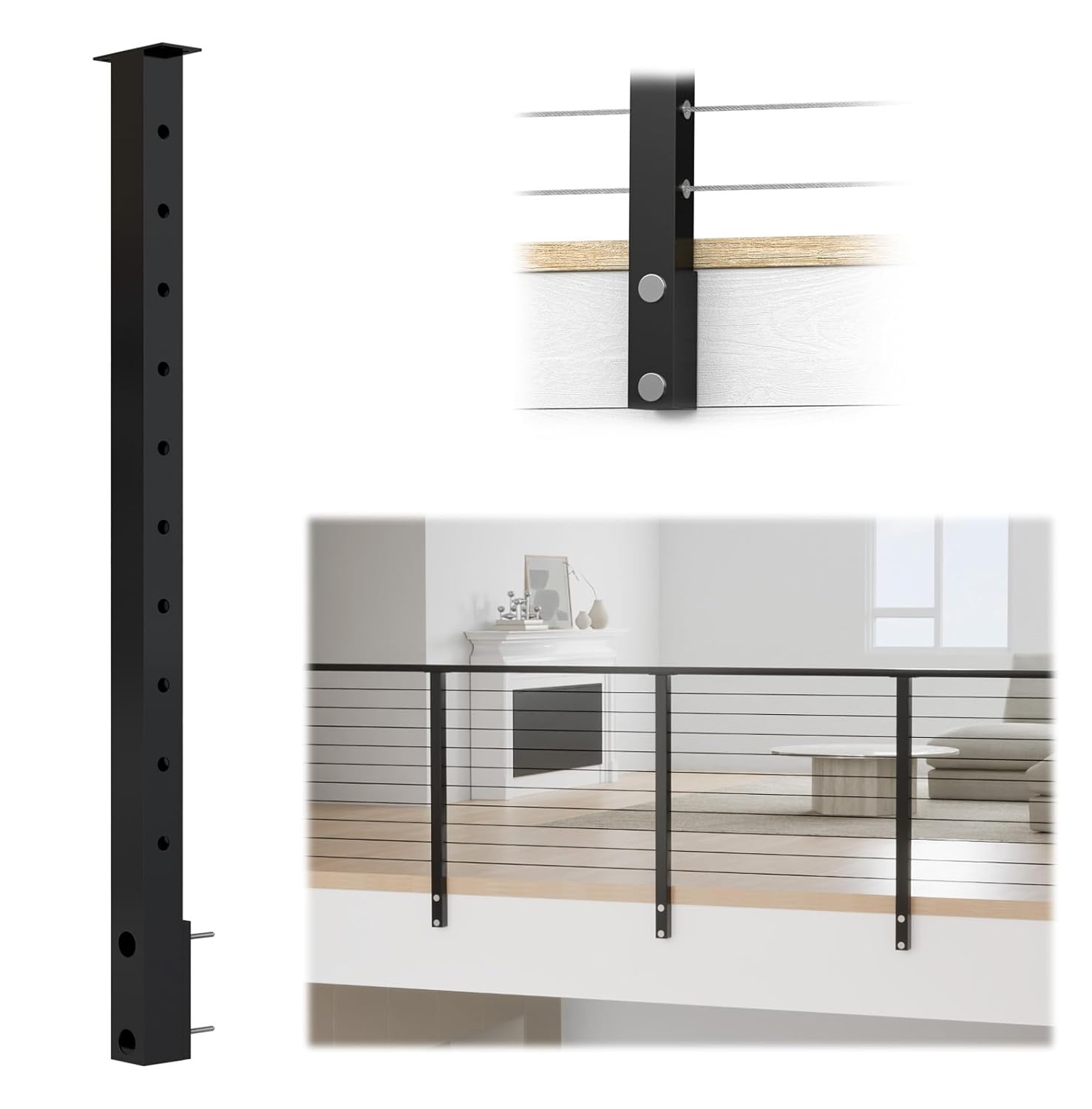Muzata Black Side Mount Cable Railing Post for Indoor Outdoor Use
