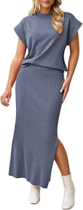 Pink Queen Women's 2 Piece Knit Skirt Set - Summer Cap Sleeve Top