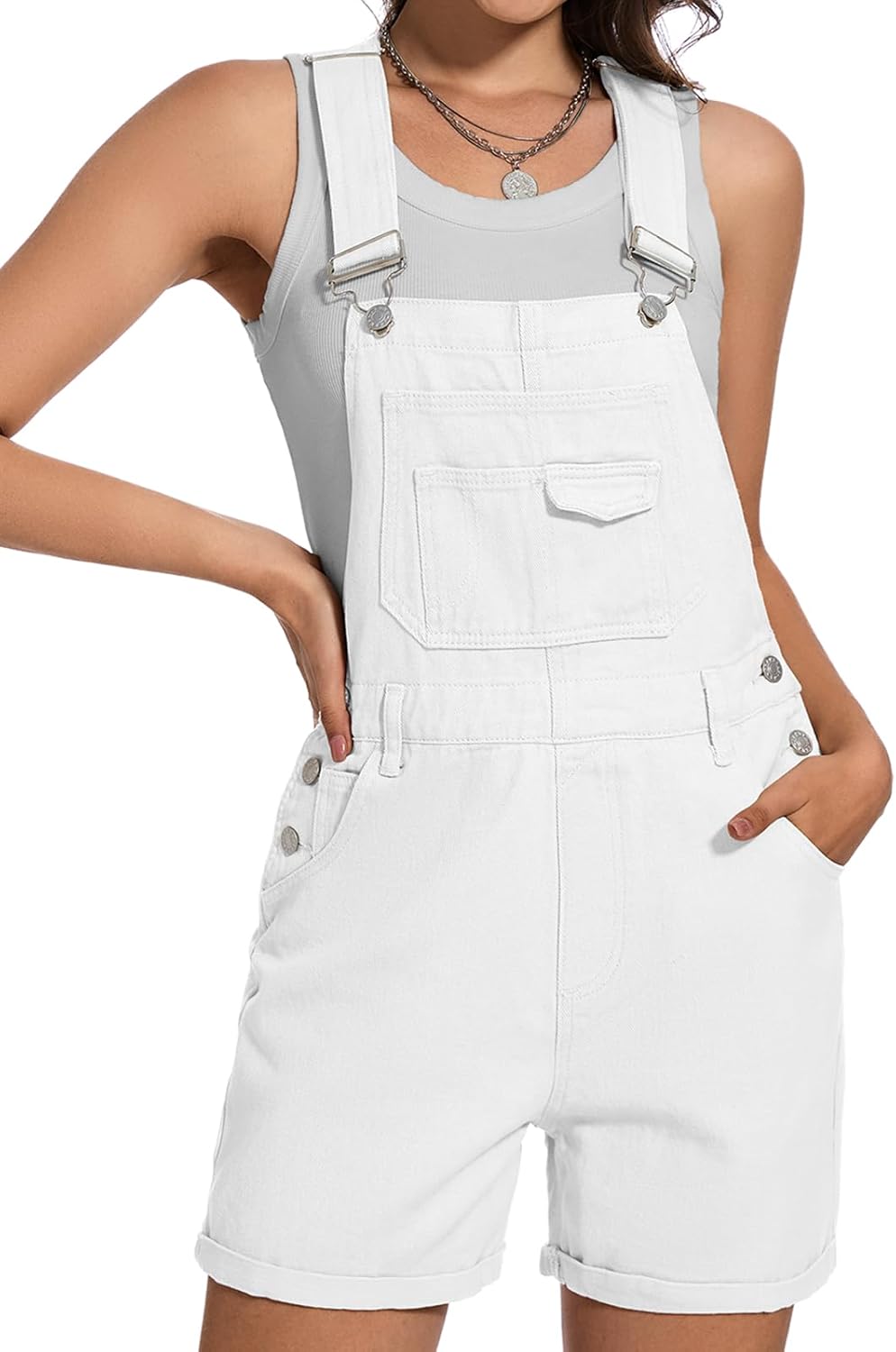 Women's Denim Shortalls with Adjustable Straps and Pockets