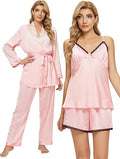 Arwser Women's Silk Satin Pajamas Set 4 Pc Sleepwear Cami Shorts Robe