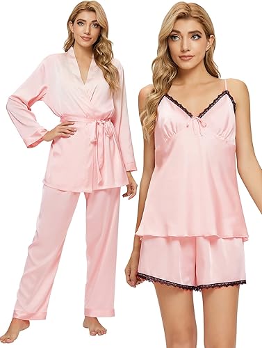 Arwser Women's Silk Satin Pajamas Set 4 Pcs Sleepwear Cami Top