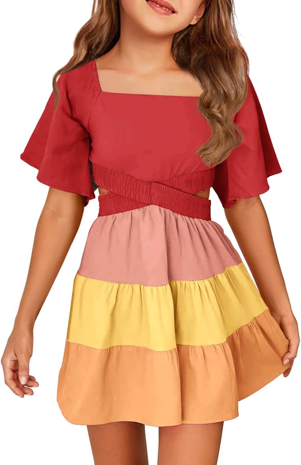 Batermoon Girls Summer Dress Square Neck Short Sleeve A-line
