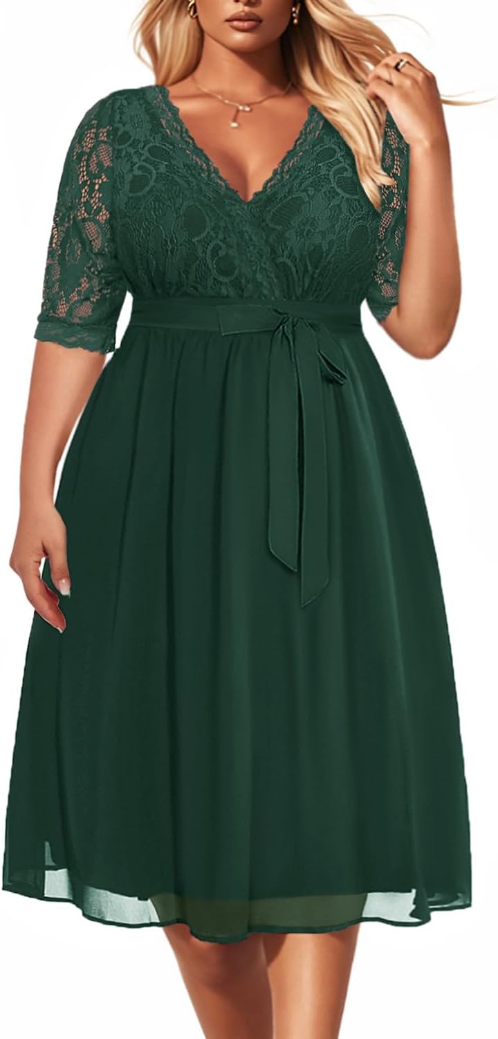 Plus Size Lace Chiffon Wrap V Neck Dresses for Women Events
