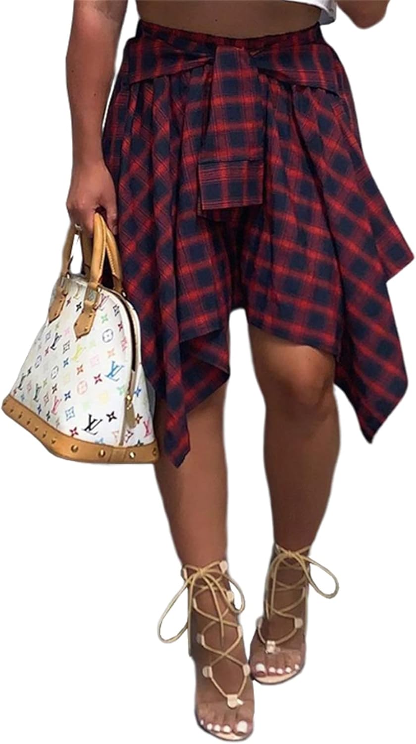 Women's Plaid Skirts High Waisted Knot Front Mini Skater Skirt
