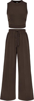 Women Summer 2 Piece Outfits Ribbed Crop Top & Wide Leg Pants