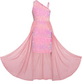 Girls One-Shoulder Sequin Dress Size 5-14 - Flowy Chiffon Knee-Length