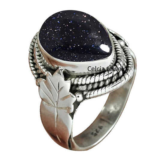 Genuine Blue Sunstone Womens Ring in 925 Sterling Silver Band