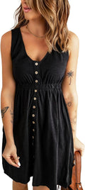 Acelitt Women Summer Sleeveless Button Down Elastic Waist Dress Casual