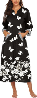 Women Zipper Robe 3/4 Sleeves Mid-Calf Loungewear - Zip Front Comfort