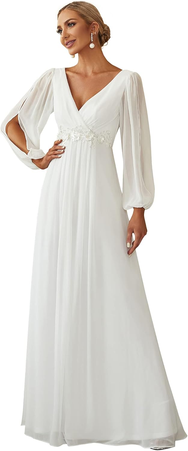 Elegant V Neck Long Lantern Sleeve Floor Length Dress