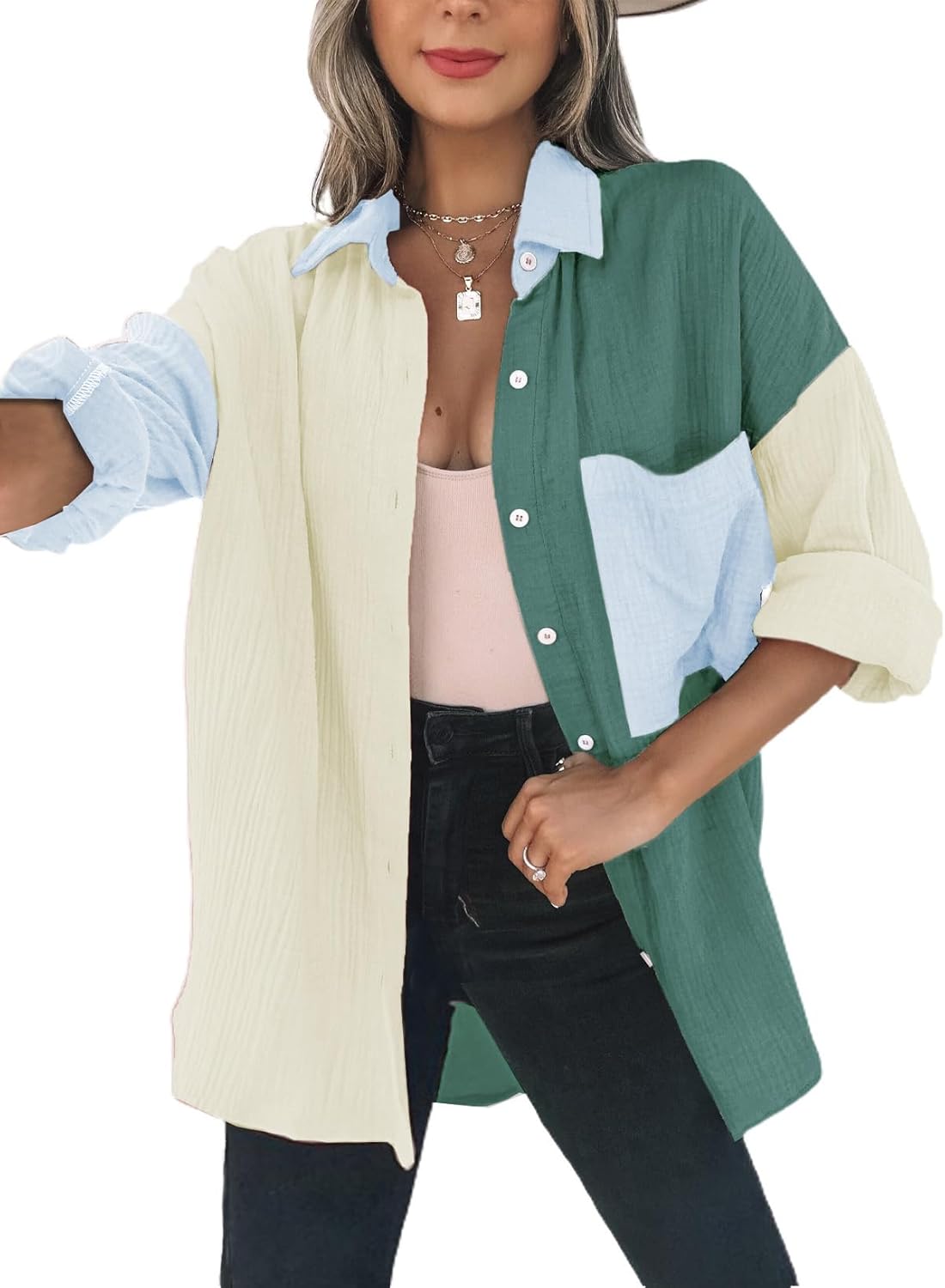 Dokotoo Womens Color Block Button Down Oversized Blouses
